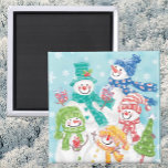 Cute Christmas Snowman Family in the Snow Magnet<br><div class="desc">Vintage illustration Merry Christmas holiday design featuring an adorable cartoon happy snowman family with mum, dad and the snow children. Everyone is smiling and wearing a scarf and holding Christmas presents and a Christmas tree. It is snowing with large snowflakes falling. Their scarves and hats are all different colours, red,...</div>