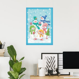 Cute Christmas Snowman Family in the Snow Poster