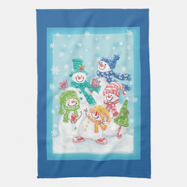 Cute Christmas Snowman Family in the Snow Tea Towel (Vertical)