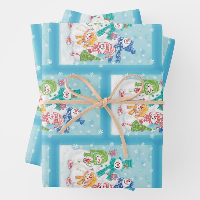 Cute Christmas Snowman Family in the Snow Wrapping Paper Sheet (In situ)