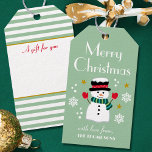 Cute Christmas Snowman Green Editable Name Gift Tags<br><div class="desc">Add a little whimsical charm to the holiday season with these fun personalised gift tags. A Merry Christmas design with snowflakes and stars, and a happy snowman wearing a hat, scarf and mittens. This editable template includes your name on the front, and a place for the recipient's name on the...</div>