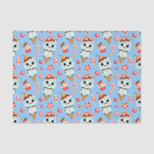 Cute Christmas Snowman Ice Cream and Candy Canes  Tissue Paper (Front)