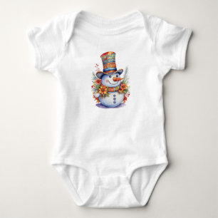 Cute Christmas Snowman in Mandala Hat Watercolor  Baby Bodysuit