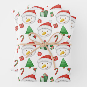 Cute Christmas Snowman in Santa's Hat White Wrapping Paper Sheet