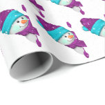 Cute Christmas snowman in snowflakes Wrapping Paper<br><div class="desc">Cute purple and aqua Christmas snowman in snowflakes on white background.
Background colour can be changed.</div>