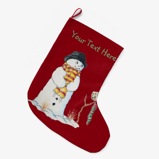 Cute christmas snowman in the snow patchwork large christmas stocking (Front (Hanging))