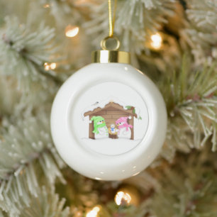 Cute Christmas Snowman Manger Ceramic Ball Christmas Ornament