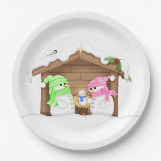 Cute Christmas Snowman Manger Paper Plate (Front)