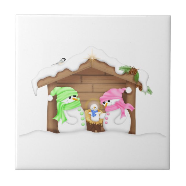 Cute Christmas Snowman Manger Tile (Front)