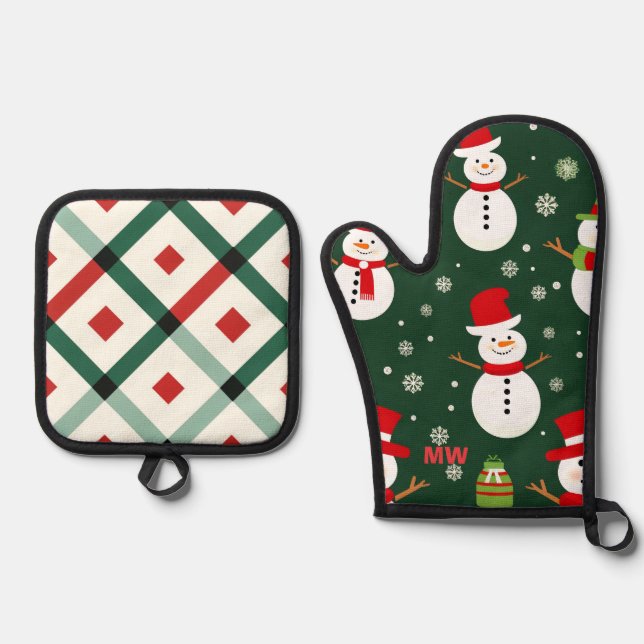 Cute Christmas Snowman Oven Mitt & Pot Holder Set (Front)