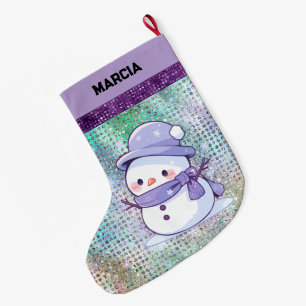 Cute Christmas Snowman Pastel Purple Large Christmas Stocking