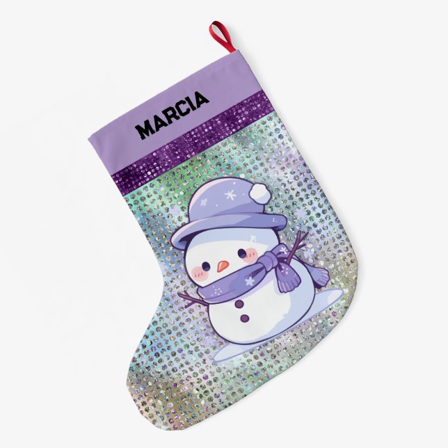 Cute Christmas Snowman Pastel Purple  Large Christmas Stocking (Back (Hanging))