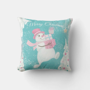 Cute Christmas Snowman Pink and Mint Cushion