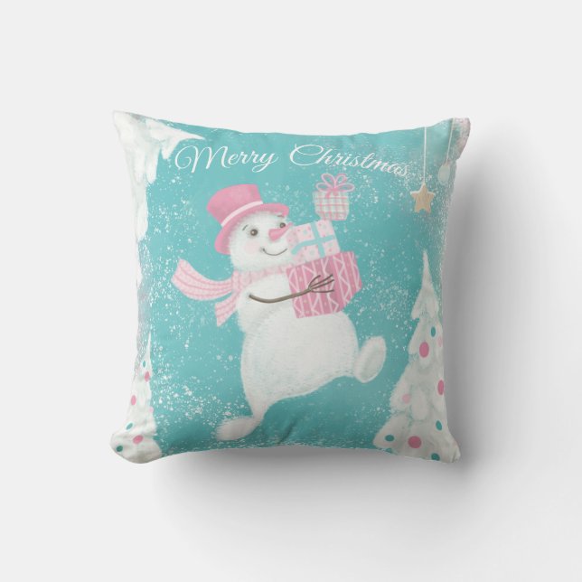 Cute Christmas Snowman Pink and Mint Cushion (Front)