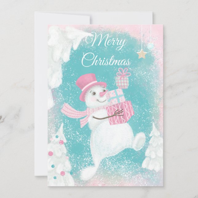 Cute Christmas Snowman Pink and Mint Holiday Card (Front)