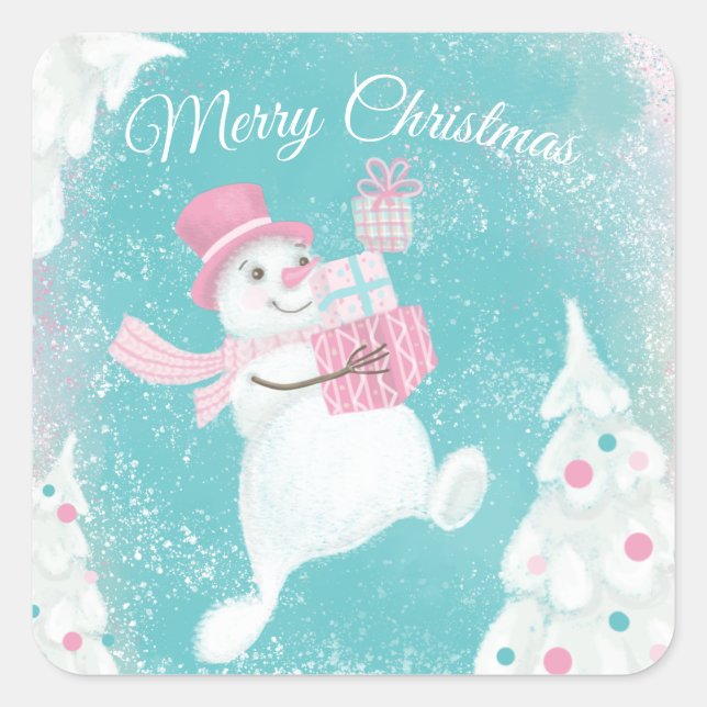 Cute Christmas Snowman Pink and Mint Square Sticker (Front)