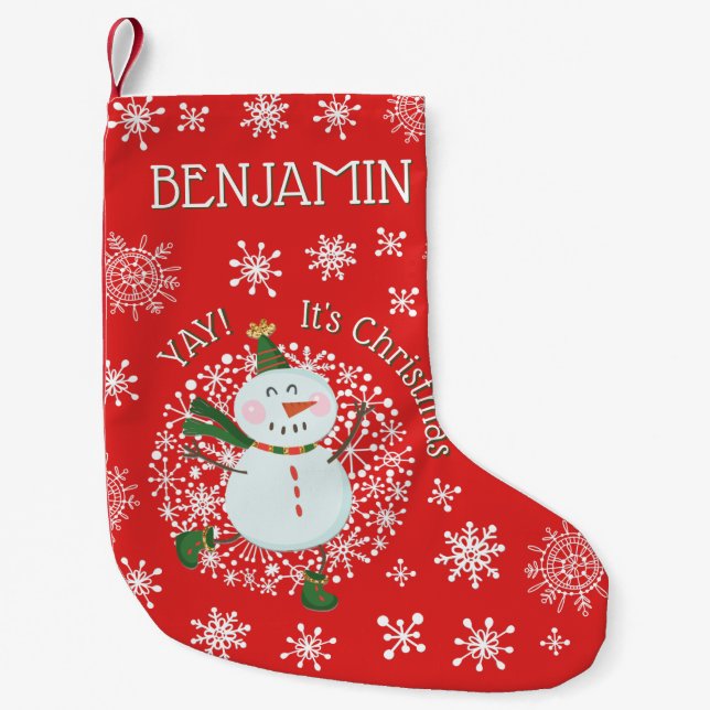 Cute Christmas Snowman Snowflakes Personalised Small Christmas Stocking (Front)
