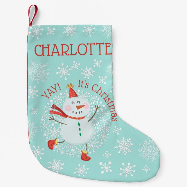Cute Christmas Snowman Snowflakes Personalised Small Christmas Stocking (Front)