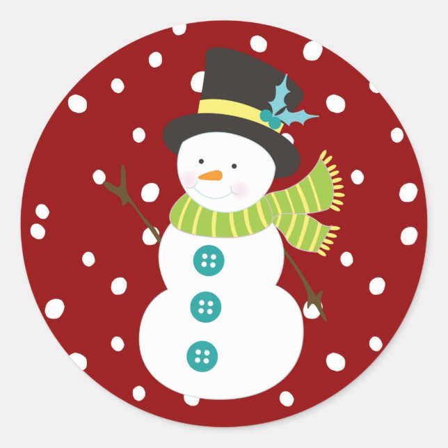 Cute Christmas Snowman Snowing Red Christmas Classic Round Sticker (Front)