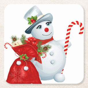 Cute Christmas Snowman Square Paper Coaster