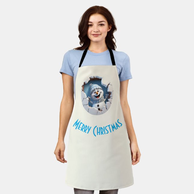 Cute Christmas snowman through wall illustrated Apron (Worn)