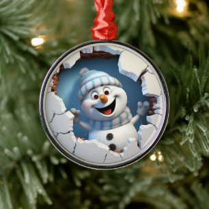 Cute Christmas snowman through wall illustrated Metal Tree Decoration