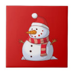 Cute Christmas Snowman Tile<br><div class="desc">A cute Christmas snowman who is kind of chubby and jolly wearing  a striped scarf and a red christmas hat. Festive and fun.</div>