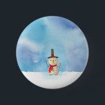 Cute Christmas Snowman Waving And Smiling 6 Cm Round Badge<br><div class="desc">A badge with a cute snowman illustration. He is wearing a black stovepipe hat, holding a classic corn cob pipe, and wearing a red scarf. Standing in the cold white snow smiling and waving hello. The background is composed of a watercolor sky with blue and purple colours blending and mingling...</div>