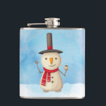 Cute Christmas Snowman Waving And Smiling Hip Flask<br><div class="desc">A flask with a cute snowman illustration. He is wearing a black stovepipe hat, holding a classic corn cob pipe, and wearing a red scarf. Standing in the cold white snow smiling and waving hello. The background is composed of a watercolor sky with blue and purple colours blending and mingling...</div>
