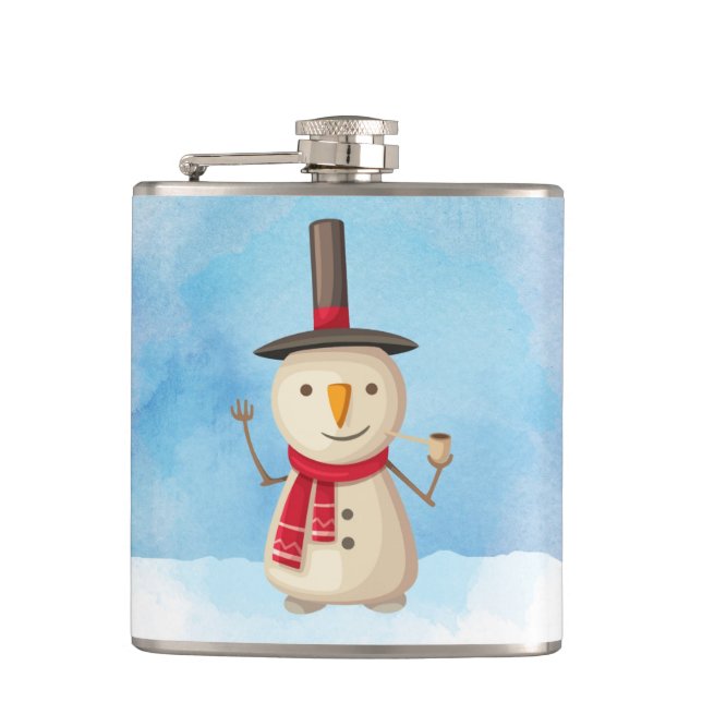 Cute Christmas Snowman Waving And Smiling Hip Flask (Front)
