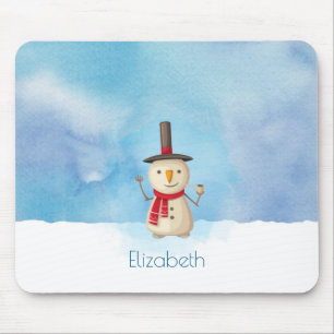 Cute Christmas Snowman Waving And Smiling Mouse Mat