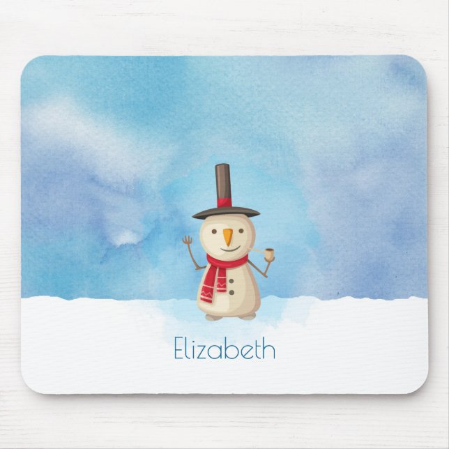 Cute Christmas Snowman Waving And Smiling Mouse Mat (Front)