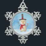 Cute Christmas Snowman Waving And Smiling Snowflake Pewter Christmas Ornament<br><div class="desc">Pewter ornament with a cute snowman illustration. He is wearing a black stovepipe hat, holding a classic corn cob pipe, and wearing a red scarf. Standing in the cold white snow smiling and waving hello. The background is composed of a watercolor sky with blue and purple colours blending and mingling...</div>