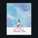 Cute Christmas Snowman Waving Thank You Invitation<br><div class="desc">A holiday thank you card with a cute snowman illustration. He is wearing a black stovepipe hat, holding a classic corn cob pipe, and wearing a red scarf. Standing in the cold white snow smiling and waving hello. The background is composed of a watercolor sky with blue and purple colours...</div>