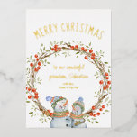 Cute Christmas Snowman Winter Berry Wreath Gold Foil Holiday Card<br><div class="desc">Personalised christmas card with luxury gold foil typography. This design is lettered with Merry Christmas followed by your personalised text which is framed with a traditional rustic twig wreath with winter berries and two cute,  happy snowmen.</div>