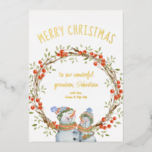 Cute Christmas Snowman Winter Berry Wreath Gold Foil Holiday Card