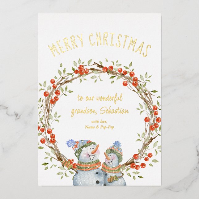 Cute Christmas Snowman Winter Berry Wreath Gold Foil Holiday Card (Front)