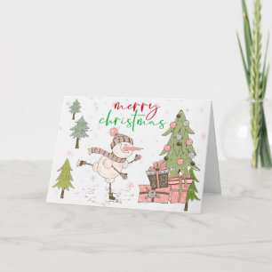 Cute Christmas Snowman Winter Skating Holiday Card