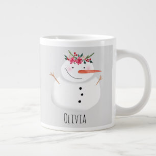 Cute Christmas Snowman with Flower and Name Large Coffee Mug