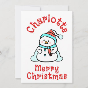 Cute Christmas Snowman With Name White Christmas Holiday Card