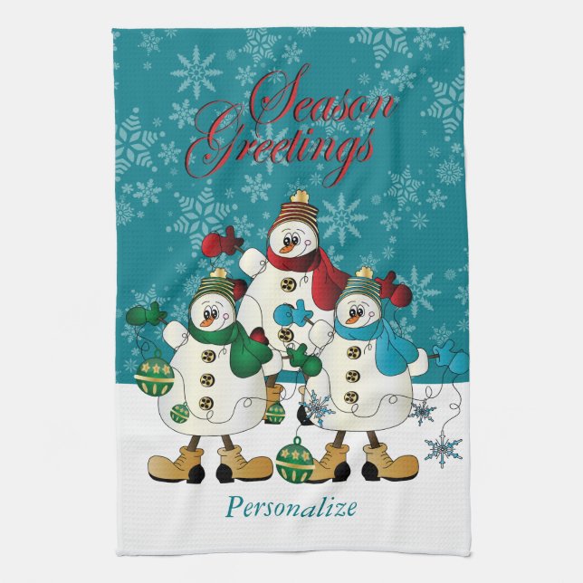 Cute Christmas Snowmen Friends Tea Towel (Vertical)