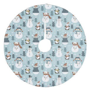 Cute Christmas Snowmen, Trees and Penguins Fleece Tree Skirt