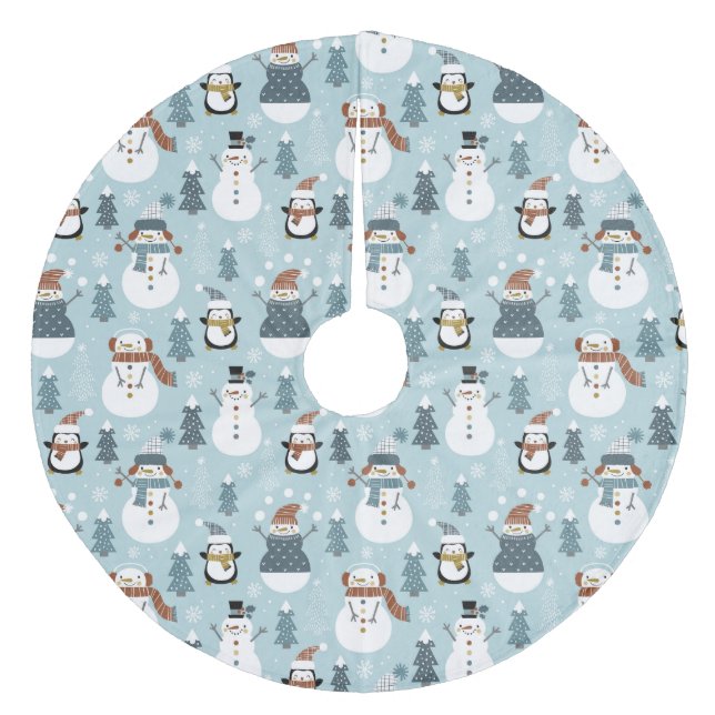 Cute Christmas Snowmen, Trees and Penguins Fleece Tree Skirt (Front)