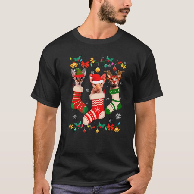 Cute Christmas Socks Pajama Sphynx Xmas Cat Owner T-Shirt (Front)