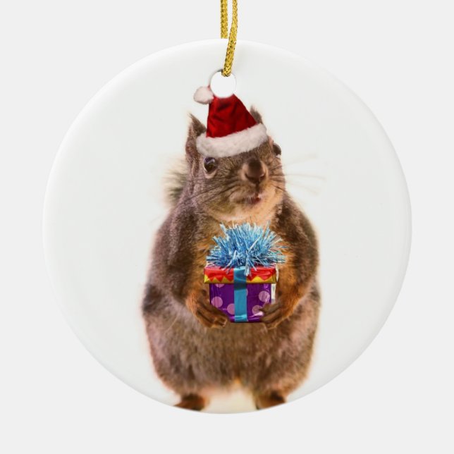 Cute Christmas Squirrel and Gift Ceramic Tree Decoration (Front)