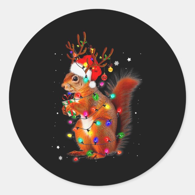 Cute Christmas Squirrel Lights Reindeer Xmas Holid Classic Round Sticker (Front)
