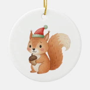 Cute Christmas Squirrel with Acorn Sticker Ceramic Tree Decoration