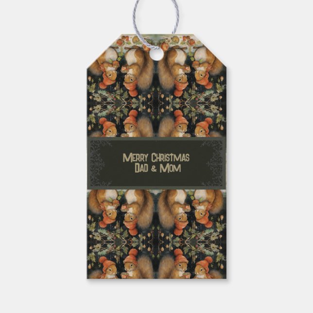 Cute Christmas Squirrels Holly Berries Gift Tag (Front)