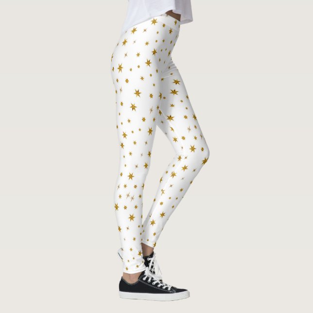 Cute Christmas Star Gold Holiday New Years White Leggings (Right)