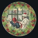 Cute Christmas Sticker Children at Window<br><div class="desc">What a fun and cute way to decorate your christmas gifts! Little vintage children looking out to a snow scene in a vintage holly frame.</div>
